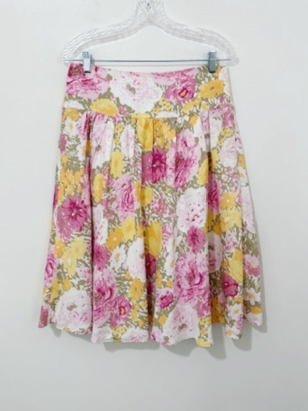 Ann Taylor Loft Linen Floral Peony Pleated A-Line Skirt Pink & Yellow Size 6